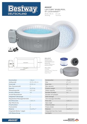 Bestway LAY-Z-SPA St. Lucia Whirlpool Ø170cm – 2-3 Pers., 110 AirJets, Frostwächter, ganzjährig