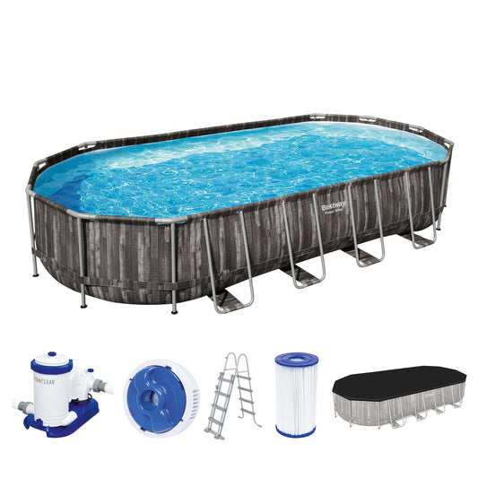 Bestway Power Steel Frame Pool 732x366x122 cm oval Holz-Optik mit Filterpumpe & Leiter Komplettset